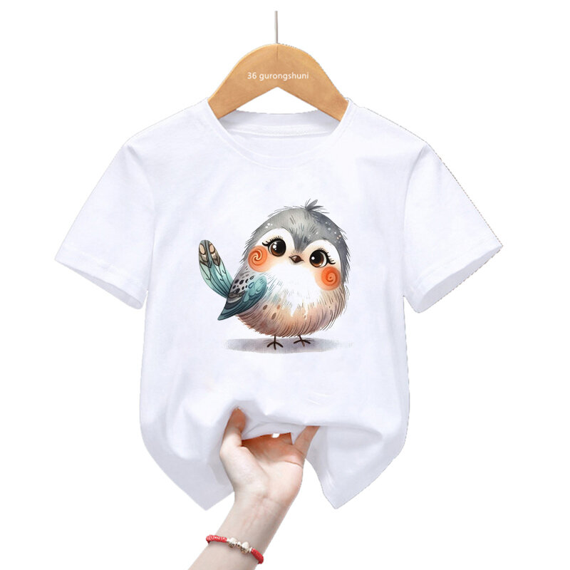 Aquarela bonito pássaro impressão t-shirt, meninas e meninos, Harajuku Kawaii Tops, roupas infantis, moda streetwear, verão, venda quente, 2024