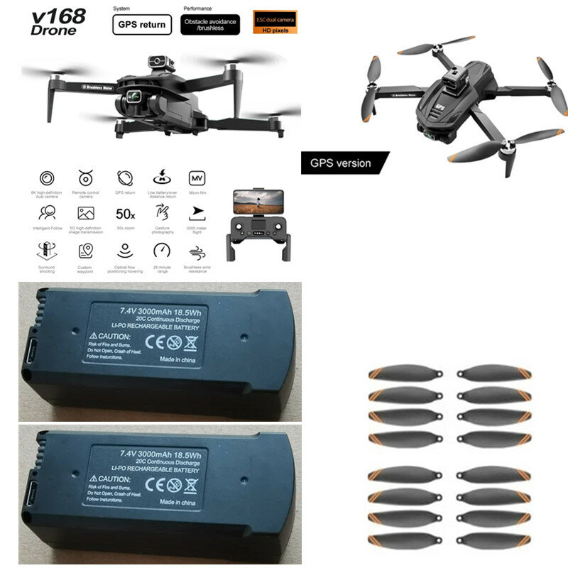 Controle Remoto Sem Escova RC Drone, GPS Drone, 7.4V, Bateria 3000mAh, Hélice, V168 PRO MAX, Drone Battery Toy, Peças sobressalentes