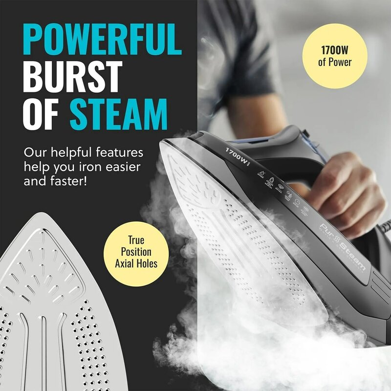 Steam Iron 1700W with Self-cleaning Non-stick Stainless Steel Base Automatic Shut-off Drip-proof