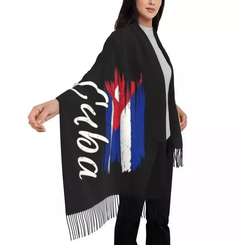 Syal rumbai bendera Havana Kuba bergaya syal hangat musim dingin untuk wanita syal patriotik Kuba wanita bungkus selendang hangat musim dingin wanita