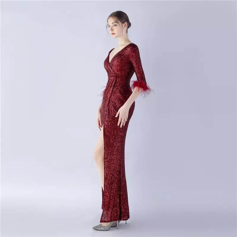 Sladuo Women's V Neck  Feather Half Sleeves Mermaid Sequins Long Formal Evening Prom Homecoming Party Cocktail Dresses Gown