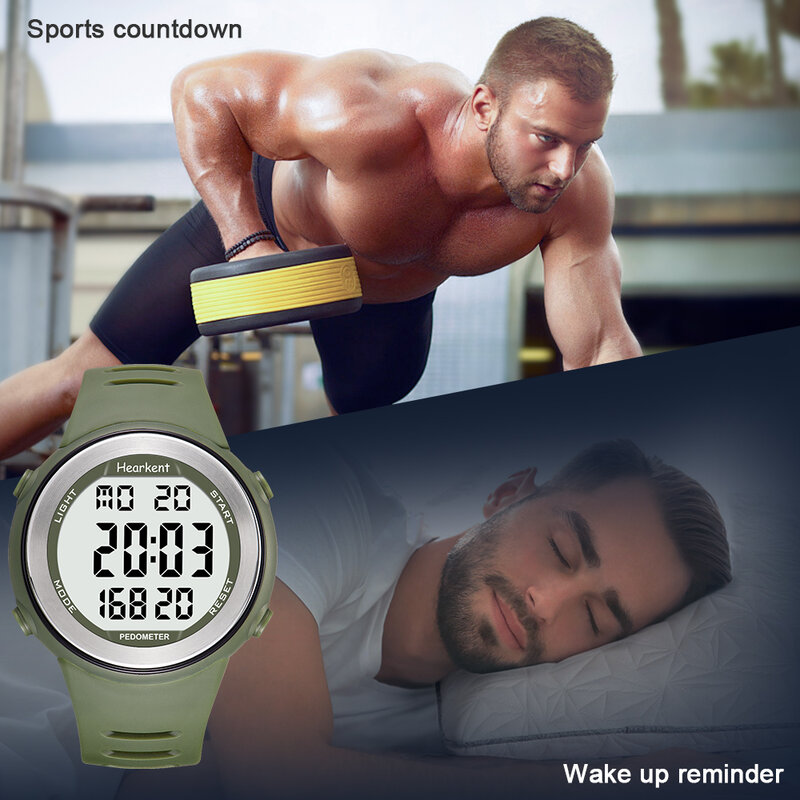 Hearkent-relógio digital pedômetro à prova d'água para homens e mulheres, contador de passos e rastreador de calorias, exibição de luz traseira, contagem regressiva, relógios esportivos