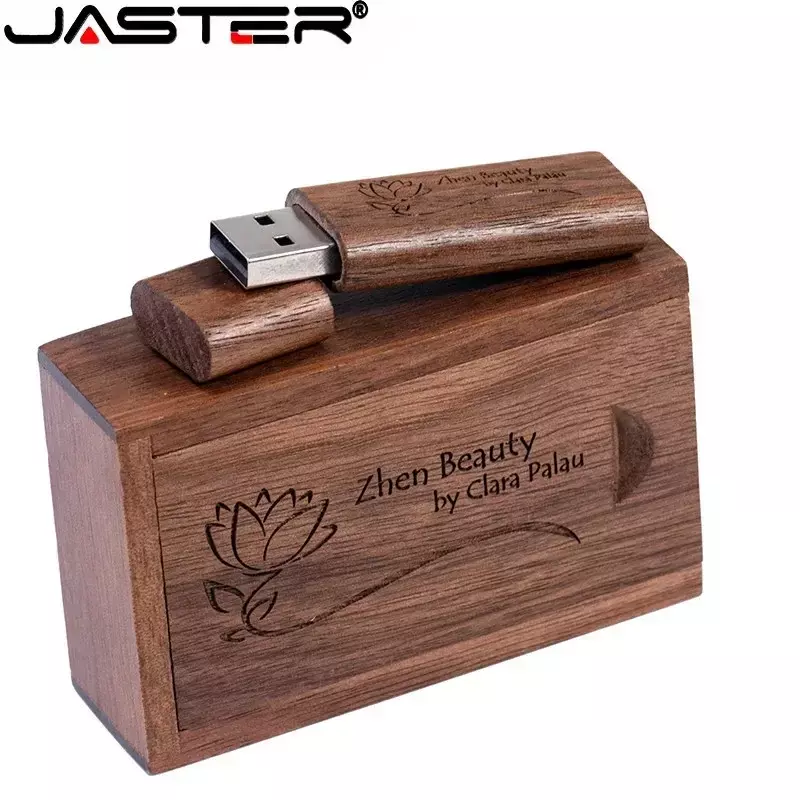 JASTER-Madeira Bamboo USB Flash Drive com Caixa, Logotipo Personalizado Grátis, Memory Stick, Presente de Casamento, 16GB, 32GB, 64GB
