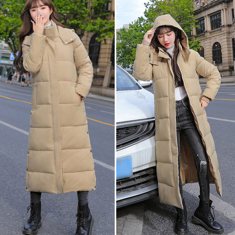 Damskie zimowe X-długa kurtka wyściełana bawełną 2023 nowe damskie luźna, bawełniana płaszcze koreańskie ciepłe grube kurtki damskie z kapturem