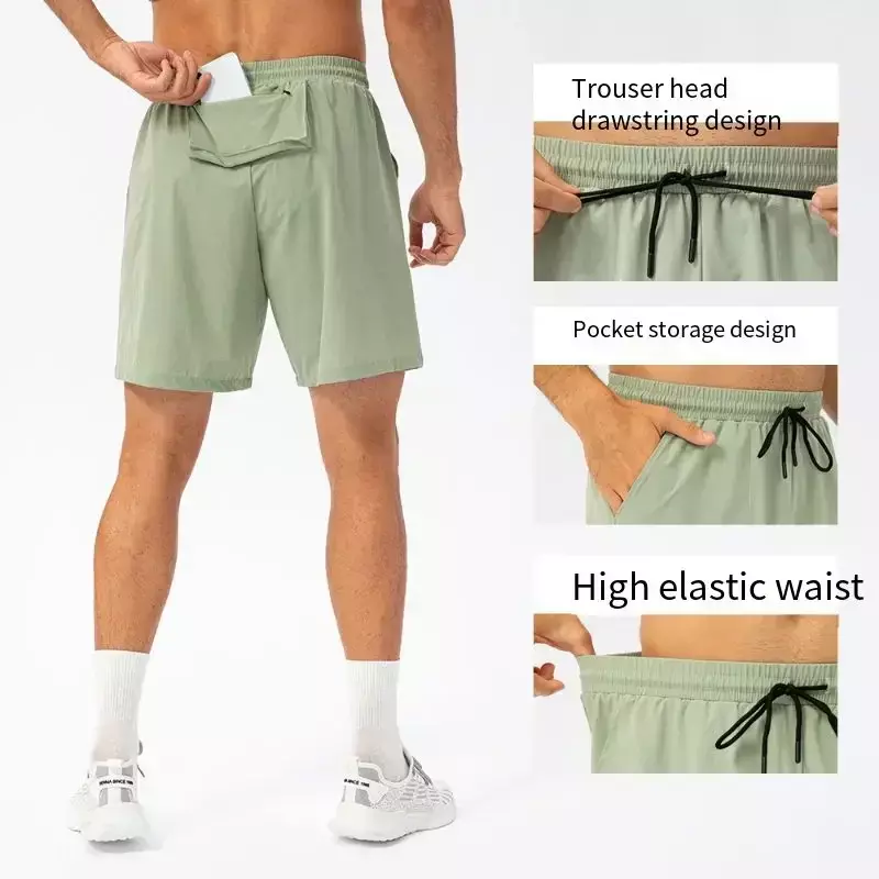กางเกงขาสั้นออกกำลังกายในฤดูร้อนของผู้ชาย Lemon มีรูปแบบเดียวกันน้ำหนักเบาระบายอากาศได้และแห้งเร็วกางเกงฟิตเนสยิม