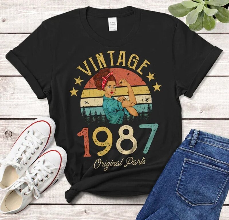 Damski bawełniany t-shirt Vintage 1987 T-shirt wykonany w 1987 35. Urodziny prezent dla dziewczynki żony mamy koszulka Casual wysokiej jakości topy