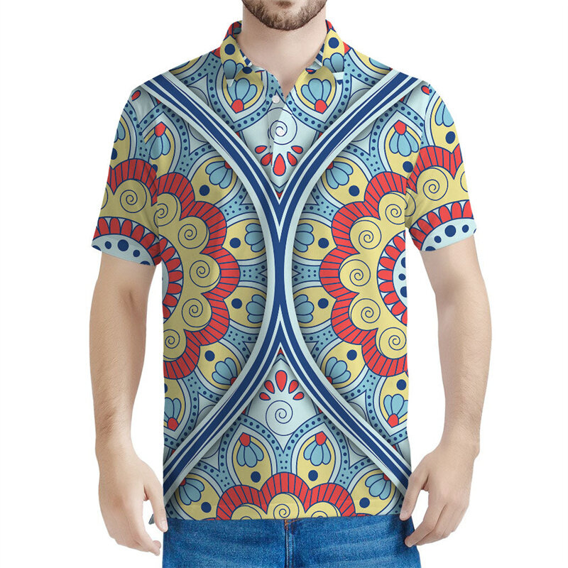Polo à motif mandala coloré pour hommes et femmes, t-shirt bohème imprimé en 3D, t-shirt décontracté à manches courtes, été
