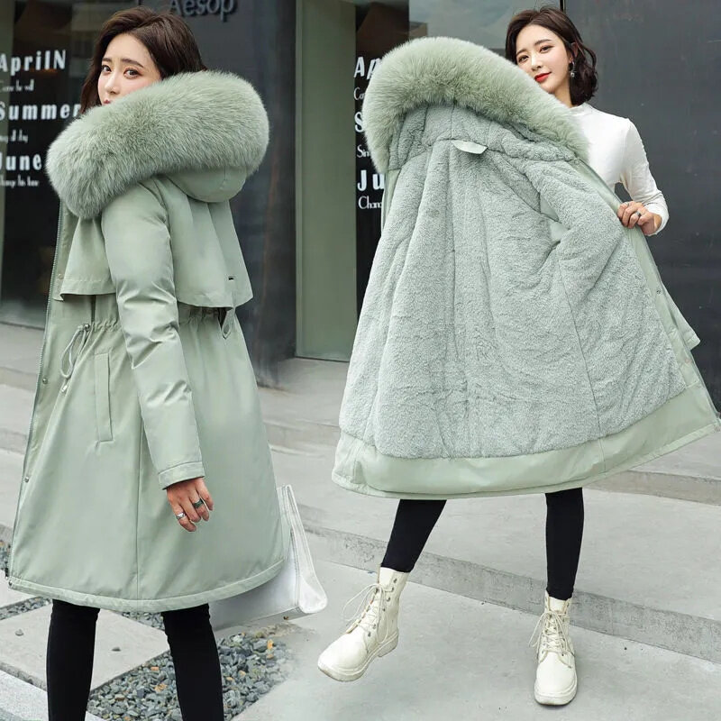 2023 Winter Hooded Fur Collar Oversized 6xl Long Coat Korean Fashion Wool Liner Warm Streetwear Jackets Casual Snow Wear Parkas