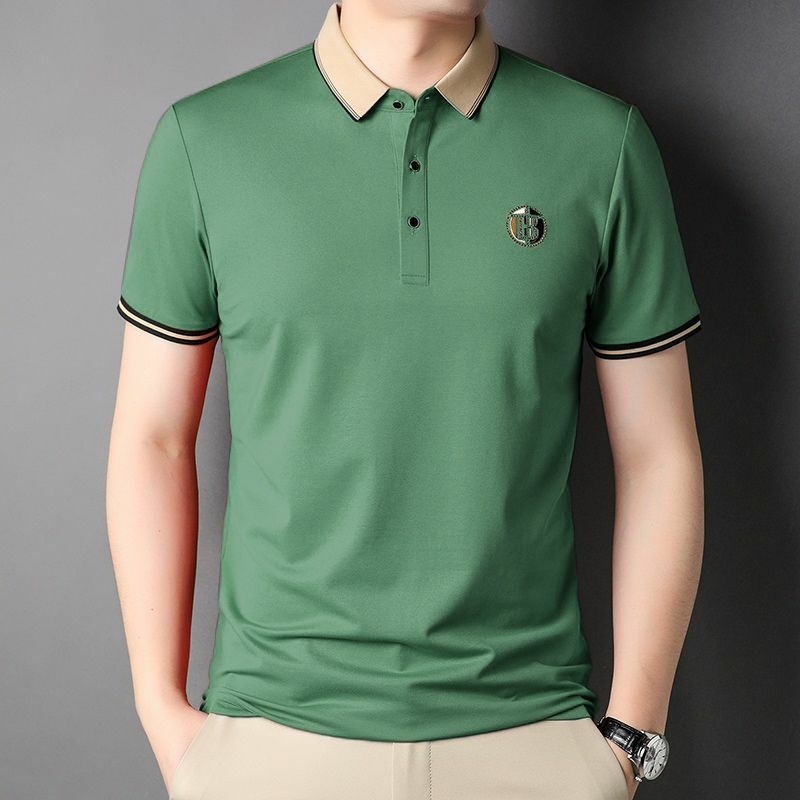 Korean Summer Polo Shirt Short Sleeve T-shirt Men's Contrast Embroidery Letter Lapel Button Fashion Casual Versatile Cotton Top