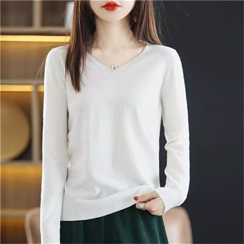 Women Korean Fashion Elegant Simple Casual V Neck Basic Knitwears Female Solid Long Sleeve Loose Pullover Tops All Match Jumpers