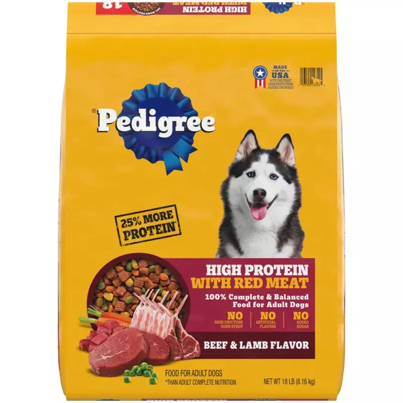 Pedigree High Protein Adulto Dry Dog Food, Carne e Cordeiro Sabor Dog Kibble, Saco de 18 lb