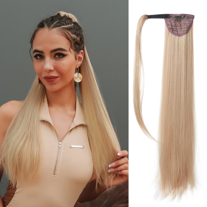 Włosy długie naturalne proste przedłużanie kucyka peruka blond owinąć wokół syntetycznych treski dla kobiet na co dzień włosy w koński ogon