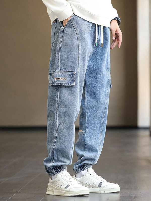 Plus Size Men's Cargo Jogger Jeans Hip Hop Streetwear Fake Pockets Stretched Cotton Casual Denim Pants Baggy Jean Trousers 8XL