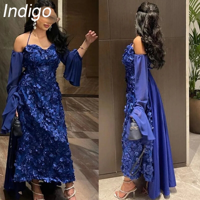 Indigo Evening Dresses Elegant Sparkle Spaghetti Applique Tulle Formal Party Dress For Women 2024 винтажное платье