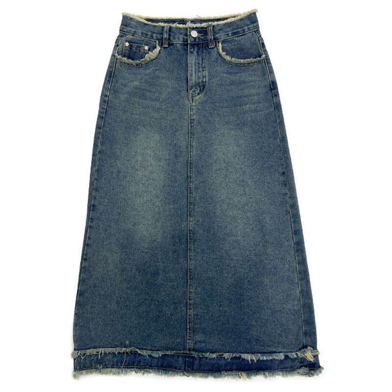 Saia jeans de emenda feminina, saia linha A, comprimento, cintura alta, azul coreano, roupas femininas, moda primavera, 2022