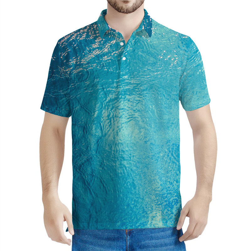 Polo 3D azul estampado em água masculino, padrão oceano, lapela de mangas curtas, botão de rua casual, moda extragrande