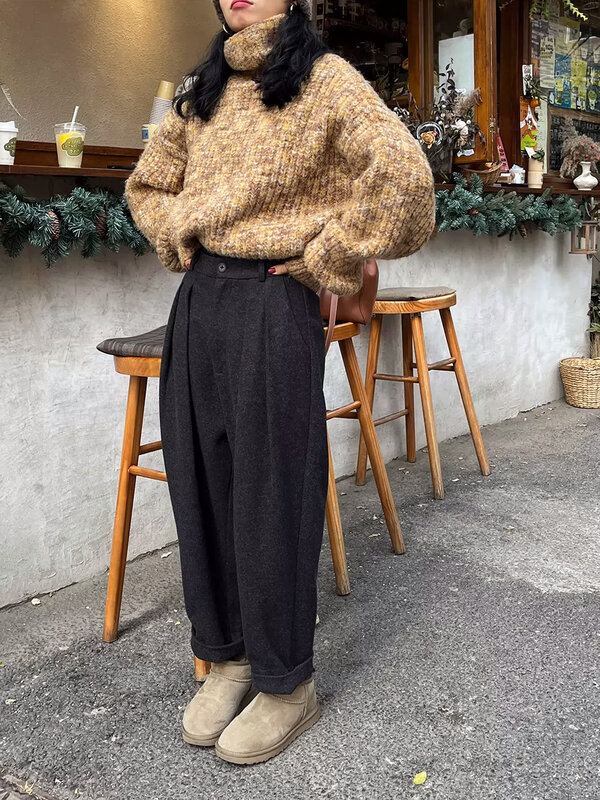 여성용 캐주얼 루즈 포켓 모직 세트 바지, 하이웨이스트 두꺼운 한국 여성 단색 하렘 바지, 가을 겨울 WP49