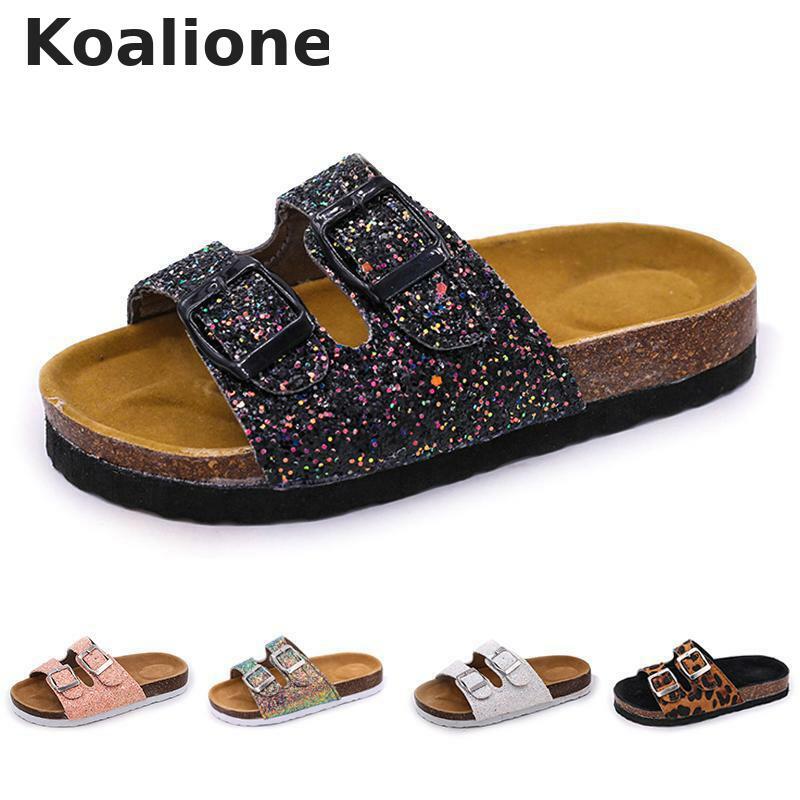 Verão praia sapatos para meninas, sandálias de cortiça com lantejoulas para pai e filho, design leopardo, alta qualidade