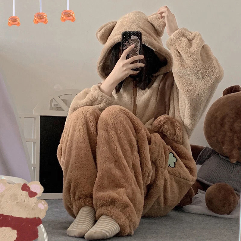 Brązowa marchewkowa niedźwiedź zwierzęcy kostium piżama dla dorosłych stylowa, indywidualna, ujmująca jesienna i zimowa, ciepła odzież damska karoset