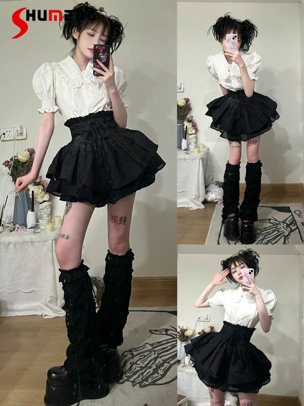 Punk Girl's Fluffy Black Skirt Summer Lace-up Bow High Waist A- Line Skirts for Women 2024 New Gothic Korean Style Mini Skirt