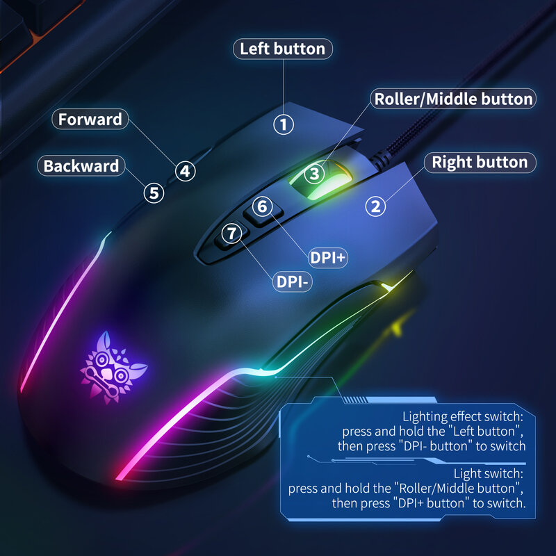 ONIKUMA RGB Gaming Mouse 7 przyciski programowania 6 poziomów dostosuj 6400 DPI z dynamicznym oświetleniem ergonomiczne myszy do laptopa komputer dla graczy