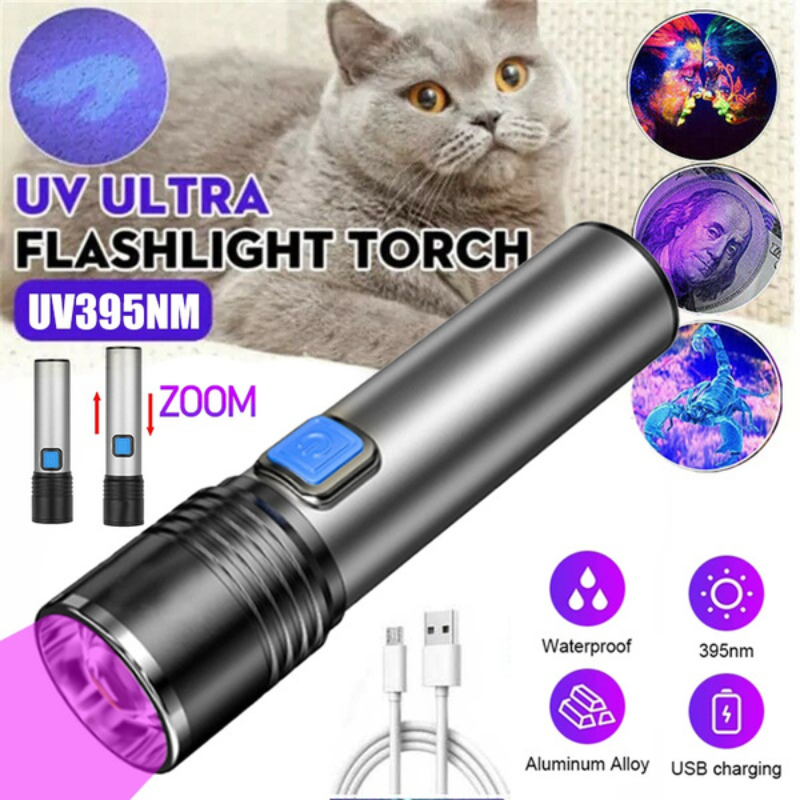 Lanterna UV recarregável preta, detector ultravioleta para mancha de urina Pet, cura de resina, caça escorpião, 395nm