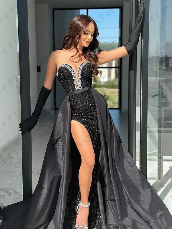 Black Gorgeous Women's Evening Dresses Mermaid Detachable Skirt Princess Prom Gowns Formal Beach Party Gloveless 2024 فساتين سهر