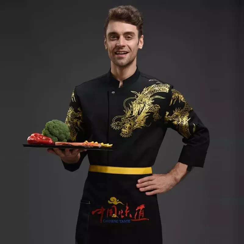 Colletto stampa manica barbiere drago Chef Cafe Stand abbigliamento lungo cappotto uniforme officina panetteria Top Catering