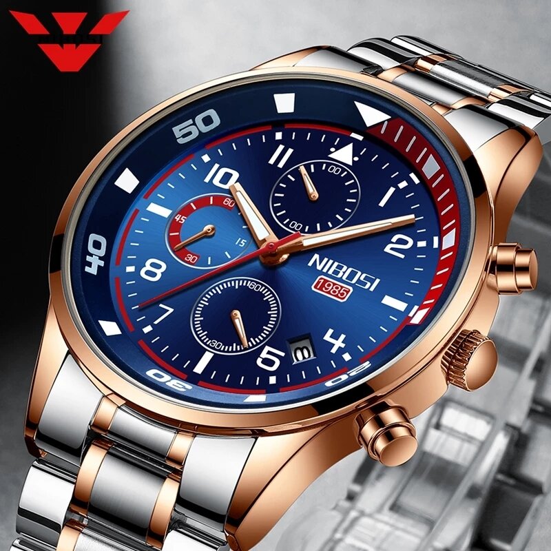 NIBOSI Luxury Chronograph Quartz Watch for Men Stainless Steel Sport Waterproof Luminous Fashion Mens Watches Relogio Masculino