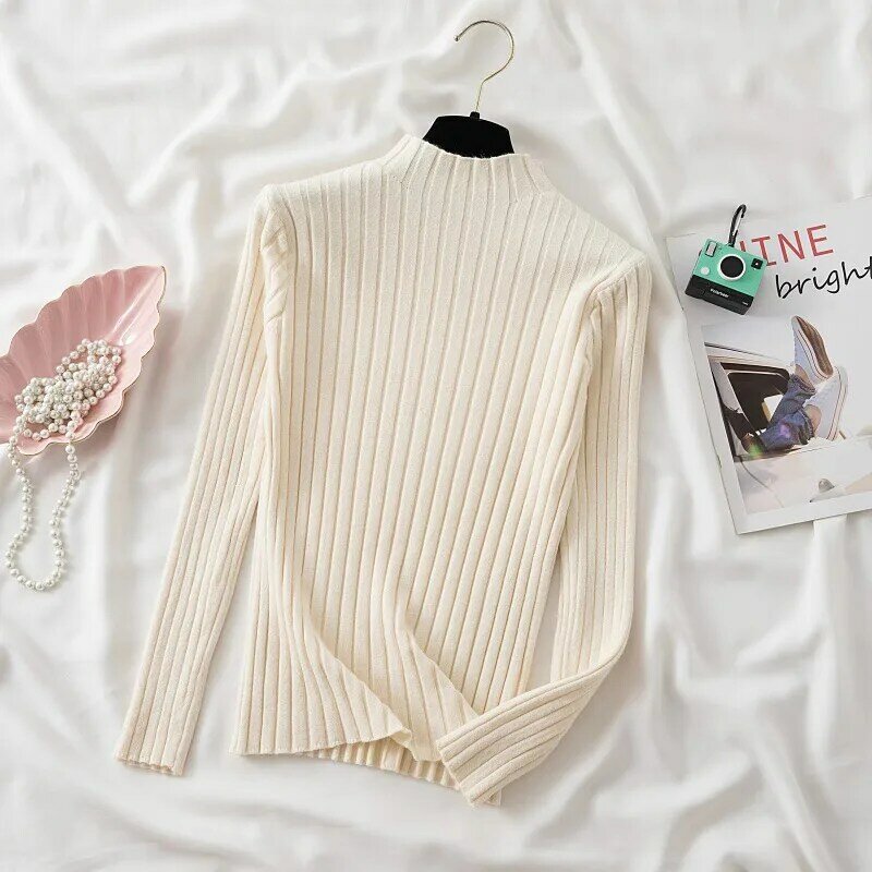 Autumn and Winter 2024 New Half High Collar Knitted Bottoming Tops Women Sweaters Long Sleeve Slim Fit Pullovers Clothes 28744