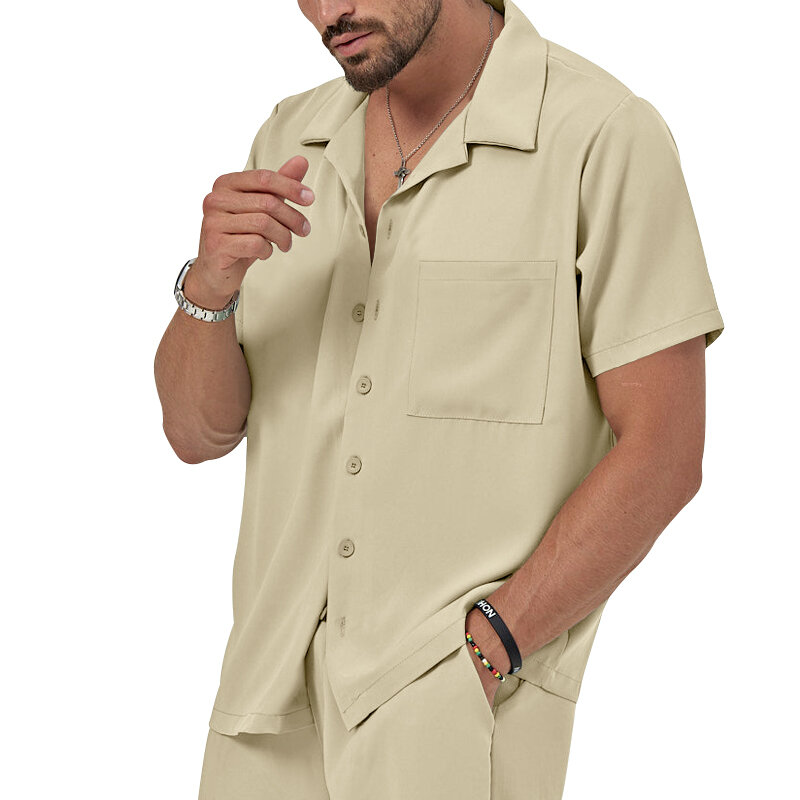 Męskie 2-częściowe stroje, swobodna koszula z krótkim rękawem zapinana na guziki i szorty ze sznurkiem na lato, odzież męska na co dzień Lei