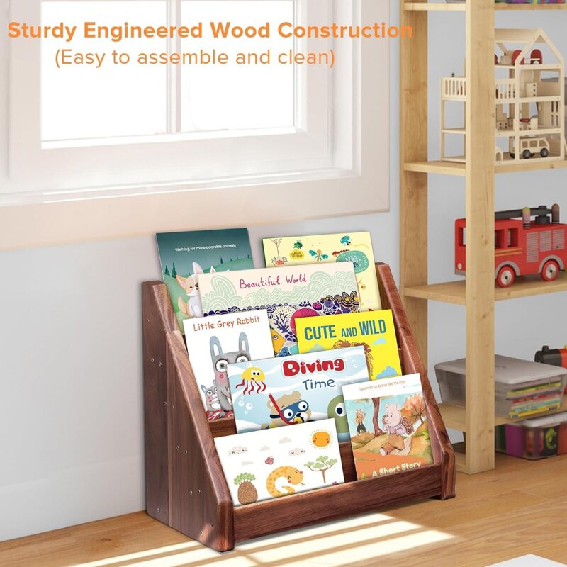 Libreria Montessori scaffale per libri per bambini organizzatore per 1-5 anni, libreria in legno per bambini con rivestimento frontale in legno di Acacia Nursery