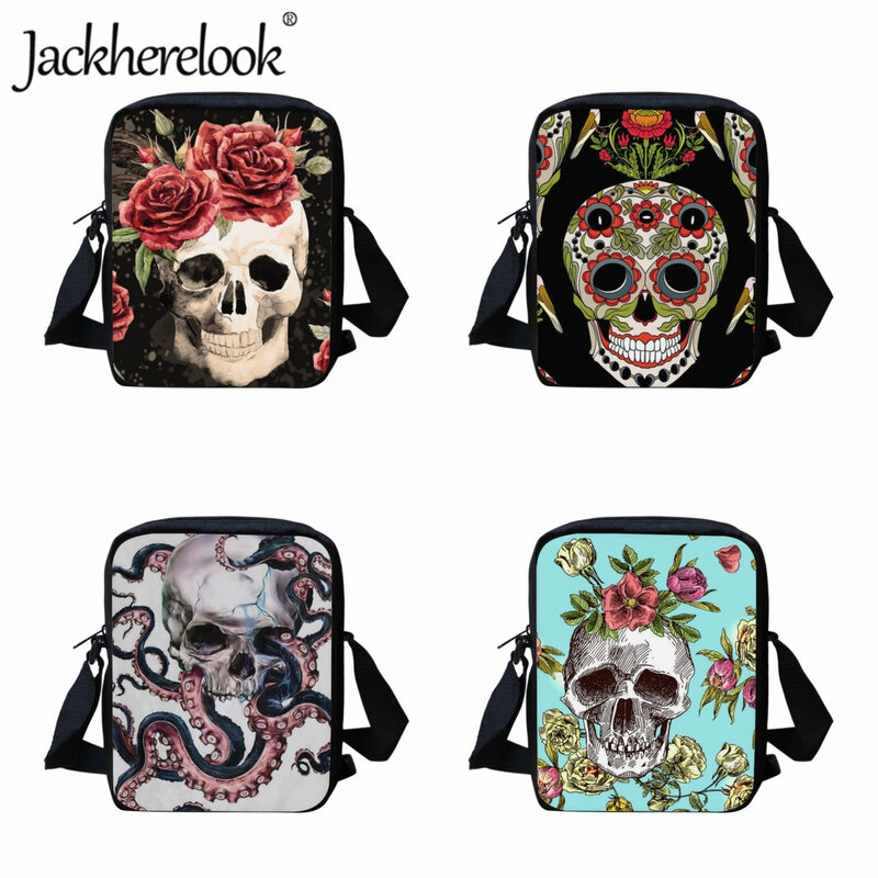Jackherelook Gothic Skull Rose Pattern Messenger Bags for Children Teenagers Schoolgirl Crossbody Bags Casual Boy's Shoulder Bag