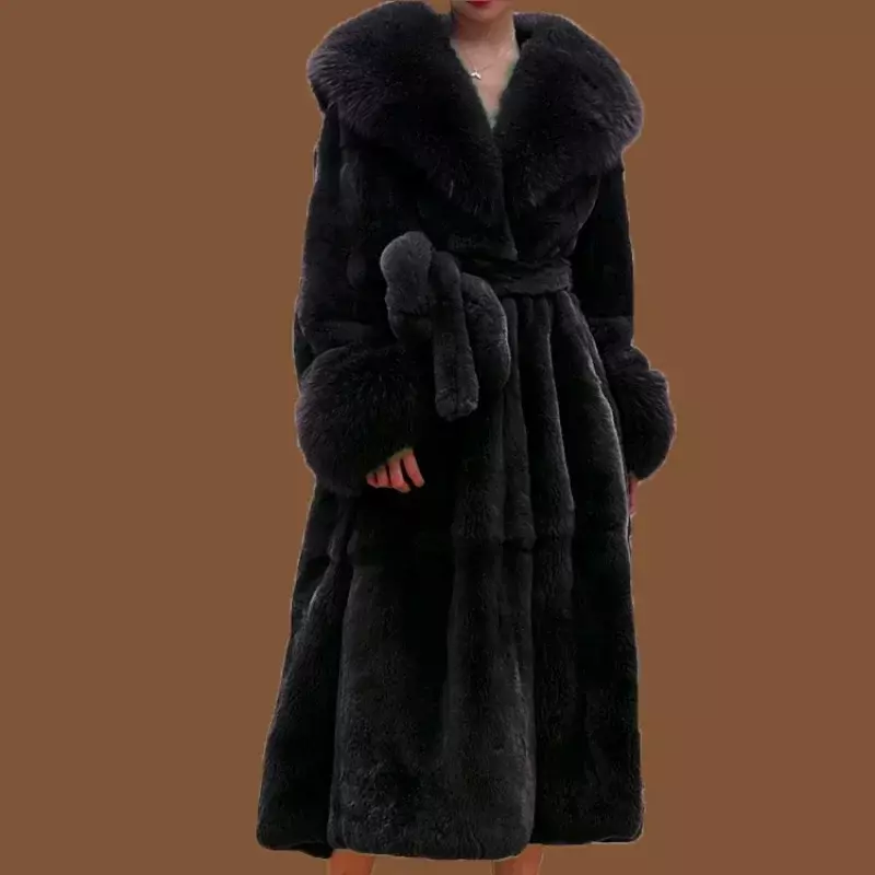 Casaco longo de pele de vison falso para mulheres, casacos grandes, jaqueta grossa quente, gola de pele, roupas luxuosas, inverno