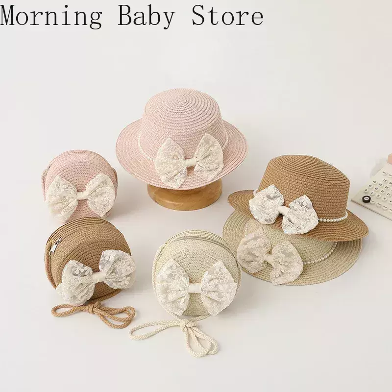 Sombrero de encaje con lazo de paja para bebé, gorra de playa, Sombrero de Panamá para niños, sombreros y gorras de princesa para bebé de 3 a 6 años