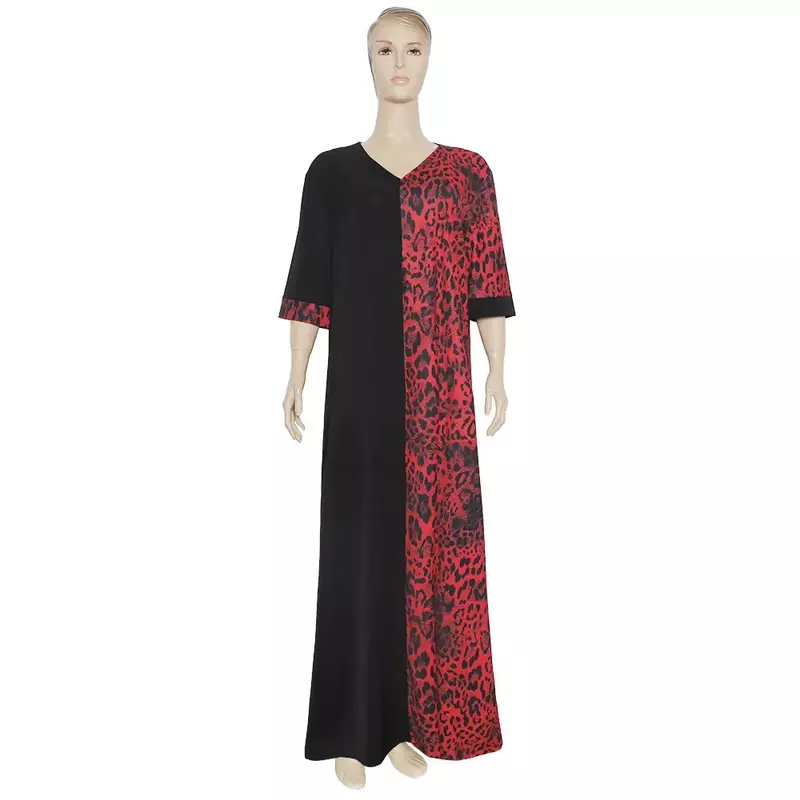 2023 المرأة الأفريقية حجم كبير الساخن الخامس الرقبة الأحمر ليوبارد طباعة المرقعة فستان فضفاض S9059