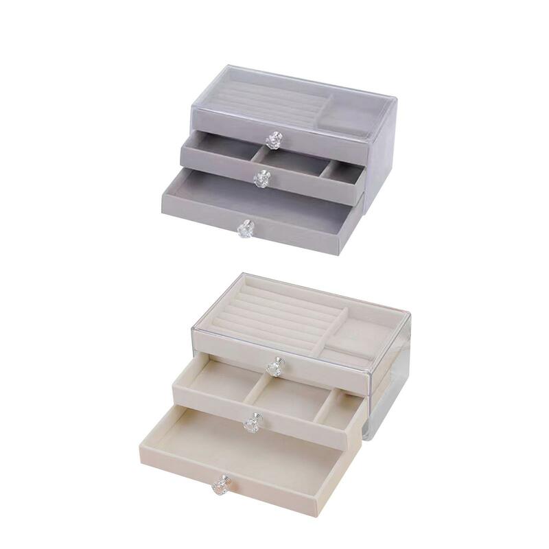 Jewelry Storage Box with 3 Drawers Jewelry Organizer for Rings Earrings Flocking Lining Drawers Trays Clear Exterior 9x5.3x4inch