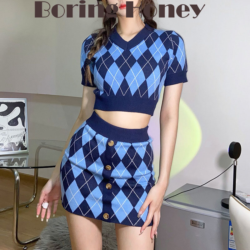 Boring Honey Dresses For Women Summer Chequer Short Sleeve Ttop Women High-Waisted Sexy Skirt Set Of Two Fashion Pieces For Wome