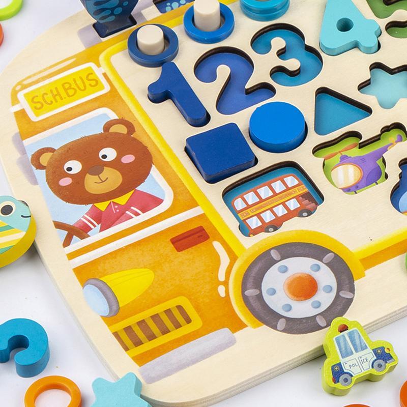 Puzzle angka kayu, mainan anak-anak pola angka huruf kartun hewan Puzzle kayu Montessori untuk bayi