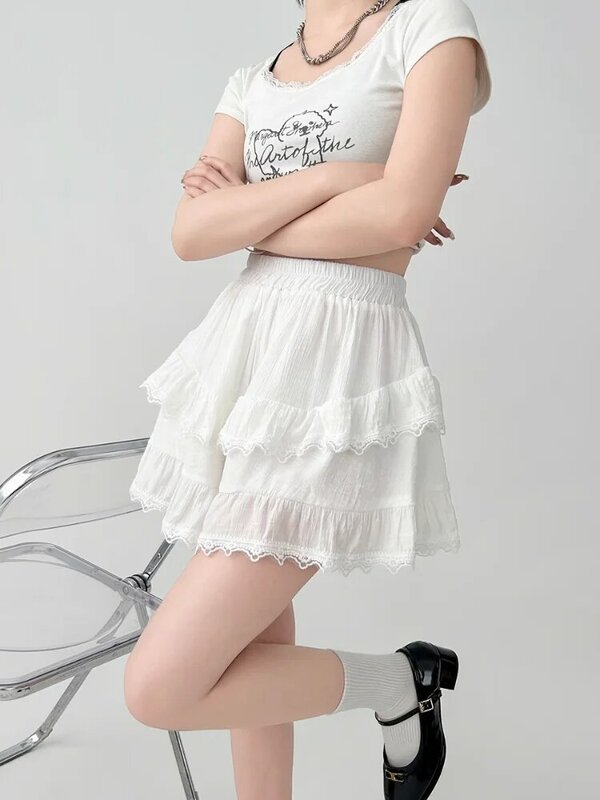 Mini jupe en dentelle patchwork taille haute pour femme, ligne trapèze douce coréenne irrégulière, style preppy fille mignonne, blanc, été