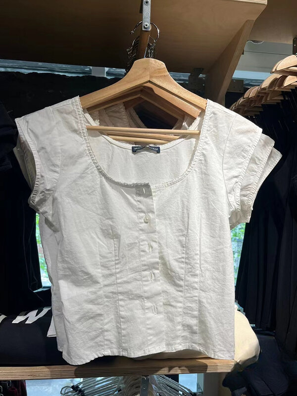 Kaus lengan pendek ramping putih jahitan blus kasual katun berkancing kerah U Musim Panas Wanita kaus atasan polos gaya Preppy manis