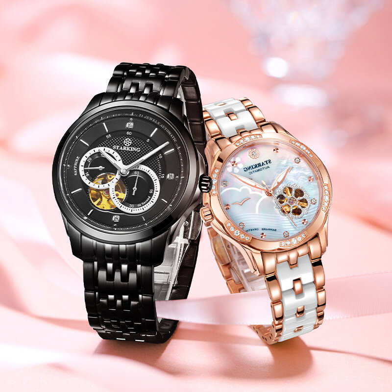 Reloj negro de San Valentín para mujer, pulsera de cerámica redonda, automática, correa de acero, reloj mecánico para pareja