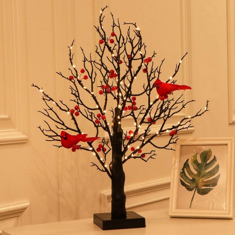 Luzes LED de Natal para o layout da atmosfera do quarto, brilhantes luzes vermelhas da árvore do pássaro, mesa decorativa, design do dia do festival