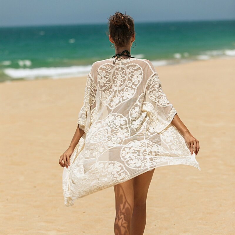Women's Flowy Swimsuit Kimono Cardigan Lace Crochet Swimsuit Floral Beach Coverup Bikini Outerwear for Vacation