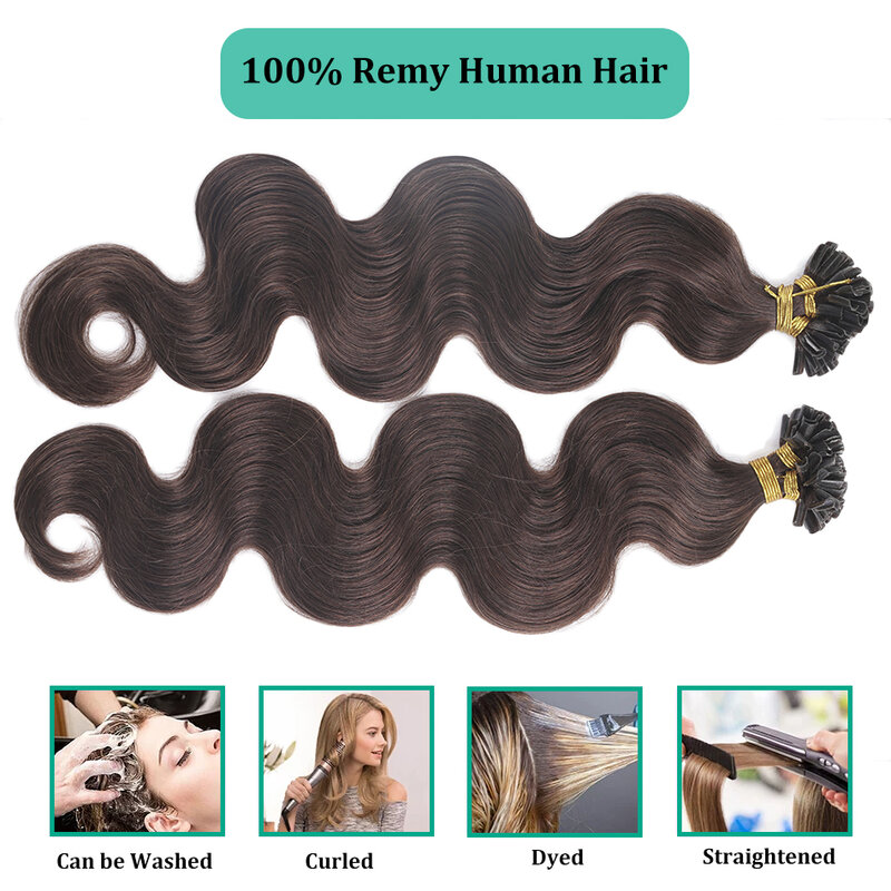 Queratina Hair Fusion U Tip Extensões de cabelo humano, Cápsula U Ponta do prego, Remy, Pré Bonded, Castanho escuro, Cabelo ondulado, 12-26 em