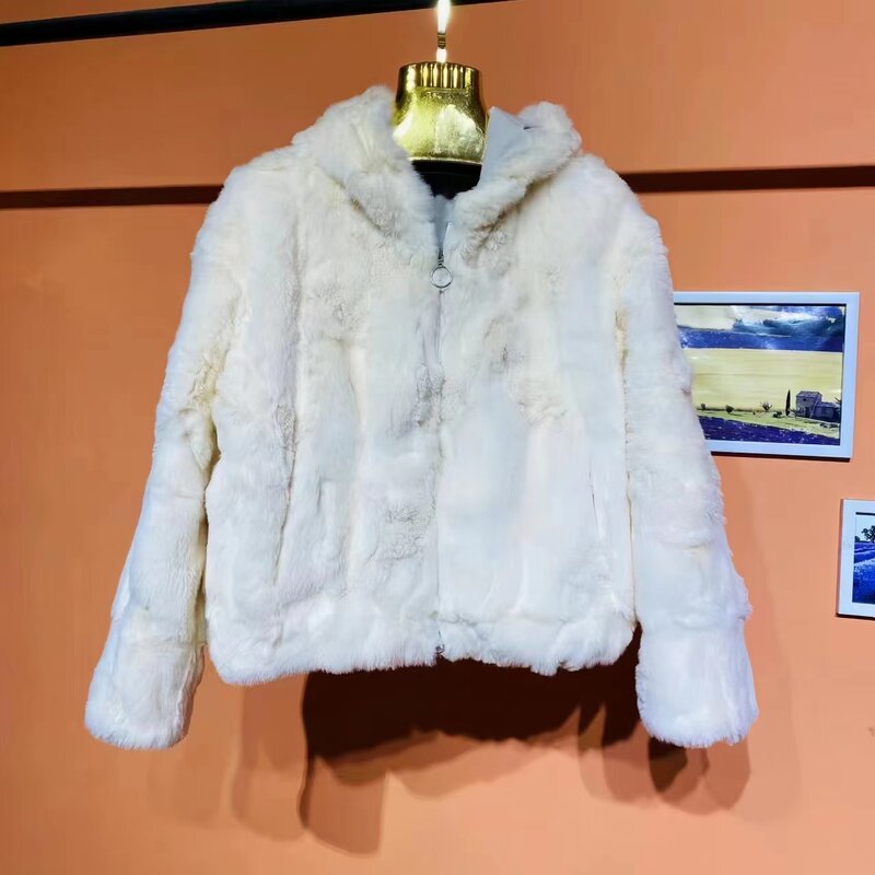 여성용 리얼 렉스 토끼 모피 코트, 두꺼운 후드, 따뜻한 루즈 짧은 재킷, 여성 의류, 고품질, 2023 겨울 신상