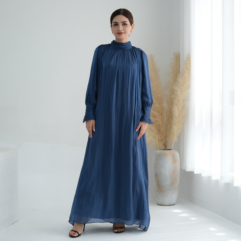 Muslim Solid Color Shiny Dress Abaya Women Long Sleeve High Waist Long Maxi Dress Dubai Kaftan Turkey Party Gown Islamic Vestido