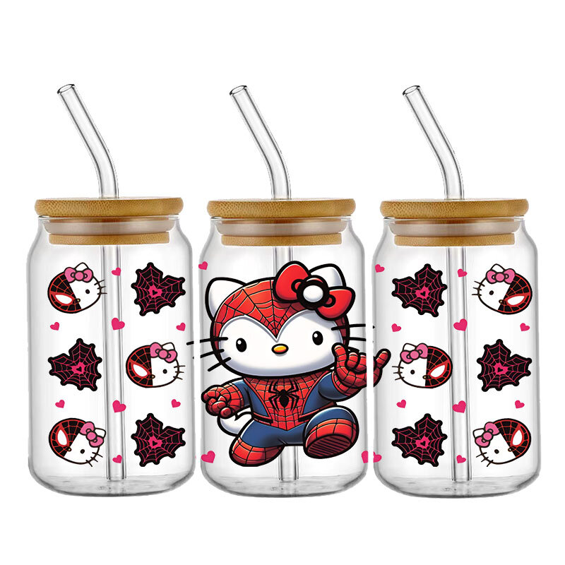 Sanurgente Hello Kitty Kuromi Disney Design UV DTF Sticker, 16oz Cup Glass Round Transfer Sticker, Label DIY Logo Auto-adhésif