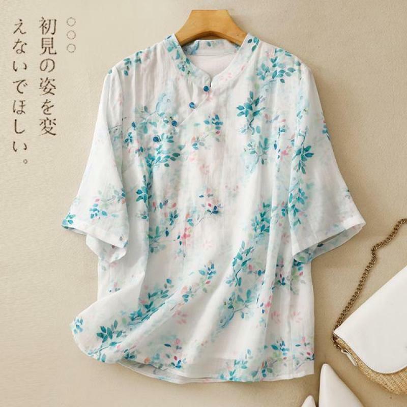 Blusa de estilo chino para mujer, camisa de media manga empalmada con botones, cuello levantado, informal, elegante y elegante, novedad de verano
