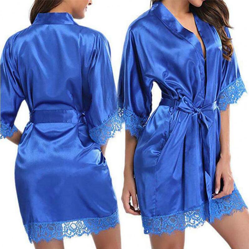 Women Bathrobe Belt Cardigan Black Lace Nightdress Lace Lady Pajamas Spring Women Ice Silk Pajamas Robes Sleepwear Nightgowns